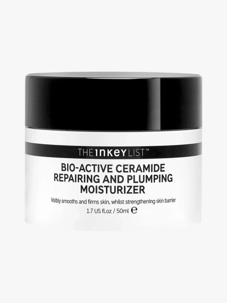 The Inkey List Bio-Active Ceramide Repairing and Plumping Moisturizer black and white jar on light gray background