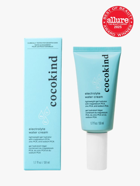 Cocokind Electrolyte Water Cream in branded blue tube with white cap next to box packaging on light gray background with red Allure Best of Beauty seal in the top right corner